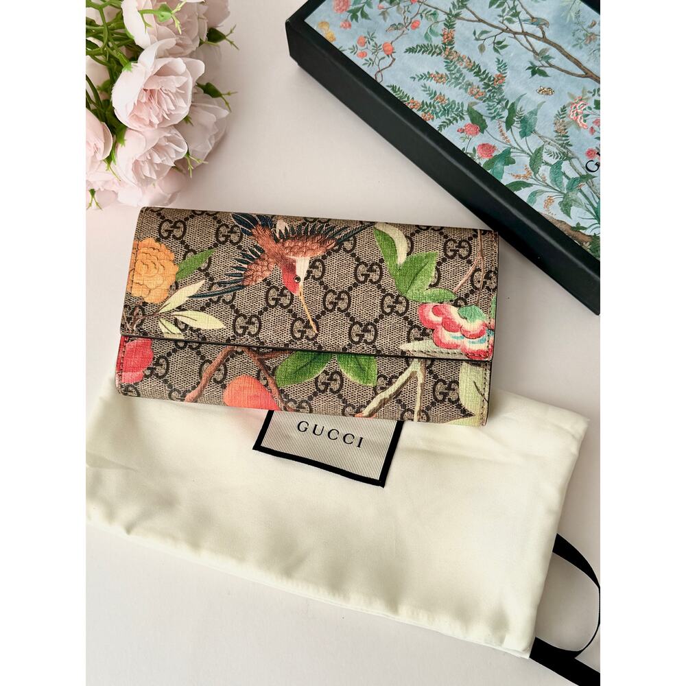 Gucci GG Supreme Tian Print Continental Wallet Bird Floral